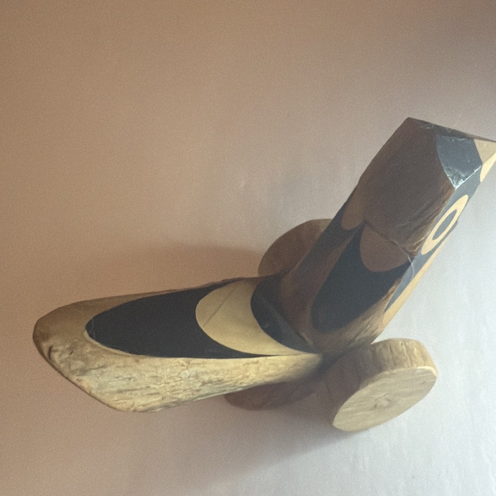 Kishima Japanese Wooden Click Clack Bird Toy on wheels signed Japan Folk Art - Picture 8 of 16